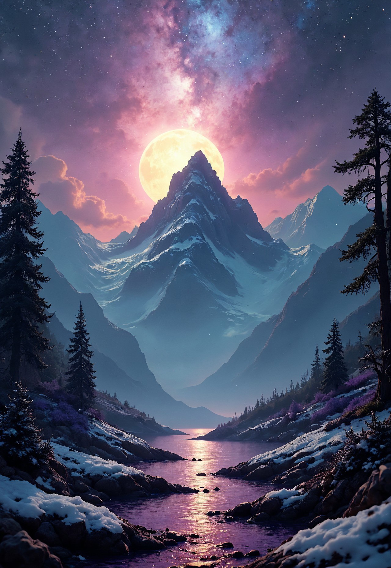 35mm photograph, film, bokeh, professional, beautiful fantasy forest with a snow capped mountain in the background and a lake at night with nebula in the sky, purple blue yellow sky, hyperrealistic, super realistic, sharp focus, 32k, (((masterpiece))) (((ultimate quality))), exquisite beauty, highiest texture resolution, photorealistic, fantasy setting, epic composition