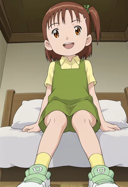 score_9, score_8_up, score_7_up, source_anime, anime screencap, masterpiece, best quality,
(1girl), jerikatou, ((solo, alone)), short petite, small body, flat chest, brown hair, side ponytail, brown eyes, green dress, smile, open mouth, upper teeth, looking at viewer,
BREAK
(yellow collared shirt, shoes, yellow socks), bare legs, upper body,
BREAK
(from below), lying, on back on bed, pillow, indoor, bedroom, window, during the day.