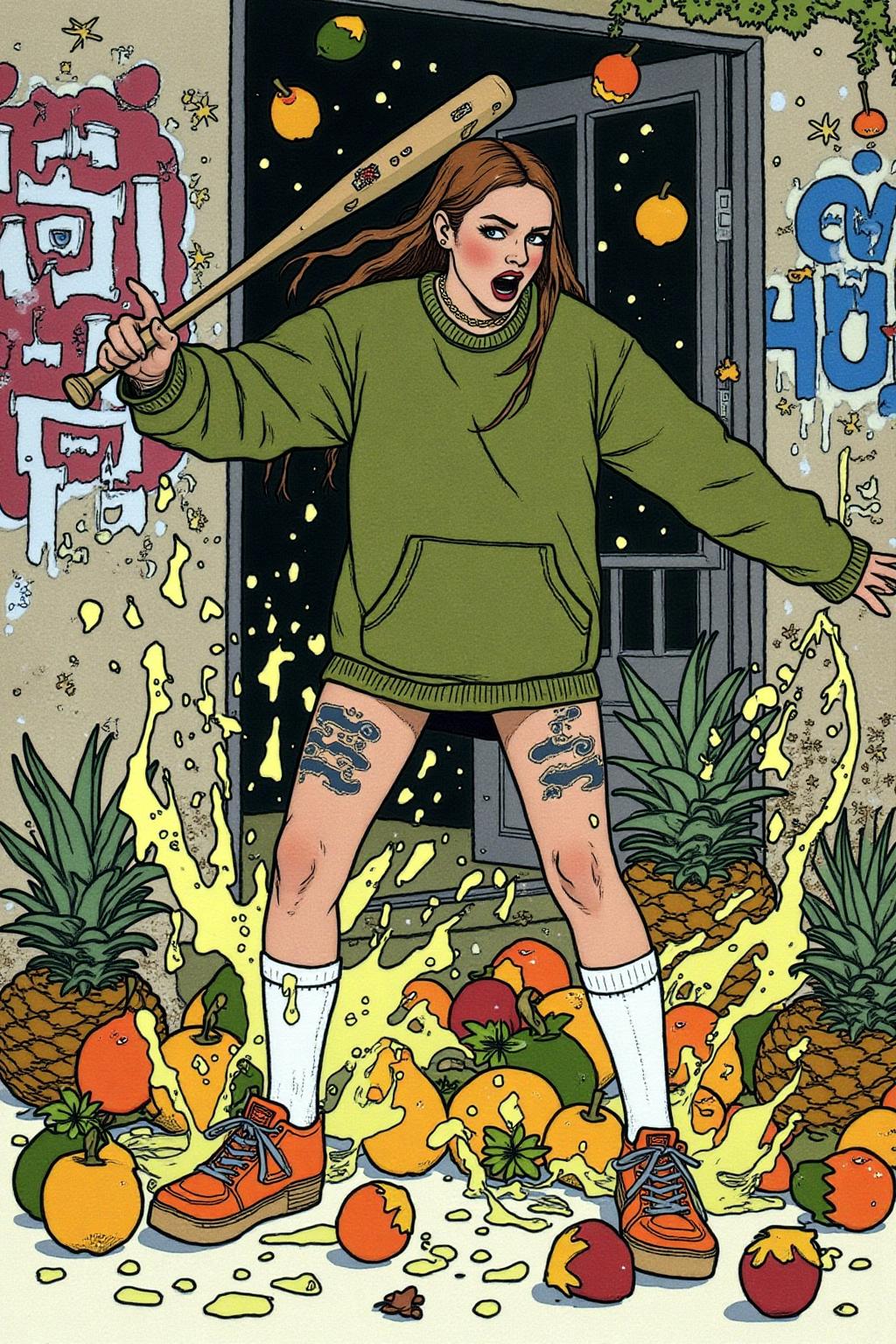 ivanbilibin1 illustration. full body, liquid splash, cartoonish juicy fruits chaos, dynamic pose, dynamic camera, a fashion shoot, an illustration of a young woman threateningly holding a baseball bat in her hands, full body tattoo, wearing green short sweater, miniskirt, knee socks, orange sneakers, aggressive facial expression, wall with graffiti in the background,  <lora:ivanbilibin2_cap_d6a3e11:1.0><lora:857390595927184186:0>