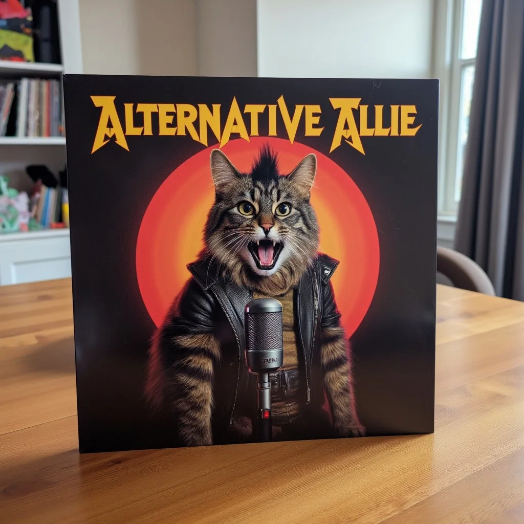 This image is a photograph of a vinyl record cover titled "Alternative Allie" in a punk rock font on a wooden table, featuring a striking, surrealistic artwork. The cover depicts a stylized fluffy, medium-sized cat named Allie with a mottled coat featuring dark brown and black tabby stripes, with a Mohawk, dressed in punk clothing, shouting into a microphone.