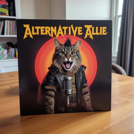 This image is a photograph of a vinyl record cover titled "Alternative Allie" in a punk rock font on a wooden table, featuring a striking, surrealistic artwork. The cover depicts a stylized fluffy, medium-sized cat named Allie with a mottled coat featuring dark brown and black tabby stripes, with a Mohawk, dressed in punk clothing, shouting into a microphone.