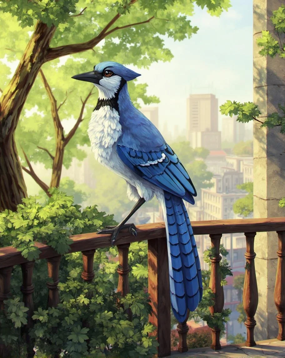 <lora:ck-LttleGhost-000011.safetensors:1> in the style of ck-lttlegh0stThe image depicts a majestic European Jay perched on a rustic balcony railing, amidst lush greenery and a subtle urban backdrop. The bird's brilliant blue and white plumage is vividly rendered against a sunlit background, while the railing itself appears worn and weathered. The artwork showcases exceptional craftsmanship and attention to detail, making it an exquisite addition to any nature or bird enthusiast's collection.