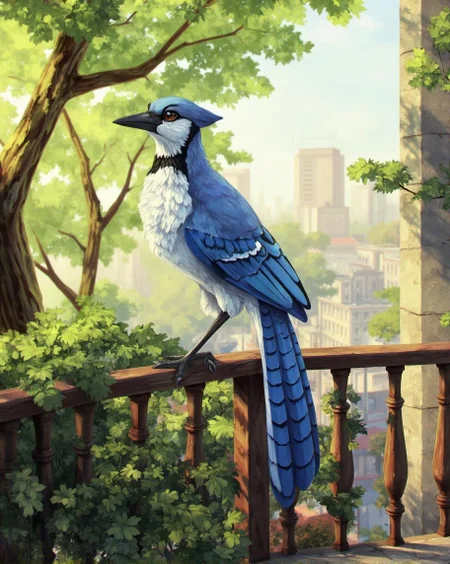 <lora:ck-LttleGhost-000011.safetensors:1> in the style of ck-lttlegh0stThe image depicts a majestic European Jay perched on a rustic balcony railing, amidst lush greenery and a subtle urban backdrop. The bird's brilliant blue and white plumage is vividly rendered against a sunlit background, while the railing itself appears worn and weathered. The artwork showcases exceptional craftsmanship and attention to detail, making it an exquisite addition to any nature or bird enthusiast's collection.