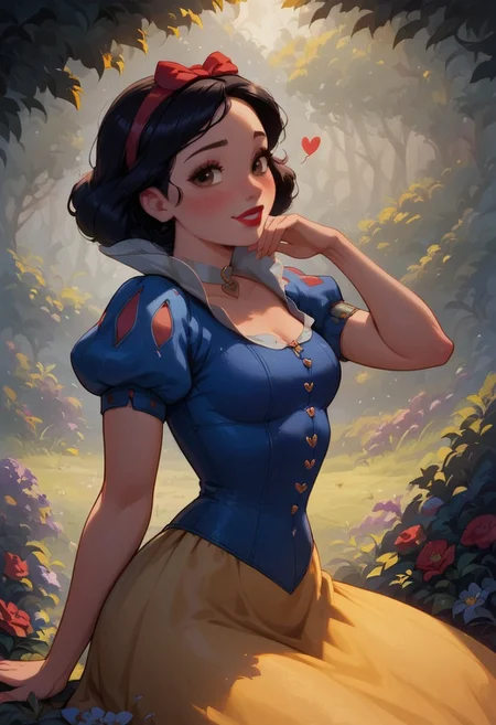 score_9, score_8_up, score_7_up, score_6_up, score_5_up, score_4_up, sexy girl, 1girl, Snowwhite, Disney, \(Snow White and the Seven Dwarfs\)/,(ultra HD quality details), brown eyes, black hair, bobbed hair, pale skin, blue sleeves with red slashing, puffy sleeves, yellow skirt, laced petticoat, dress, white collar,
makeup, red lipstick, red hair bow, modest smile, modest look, seducing viewer, hearts, posing, sexy pose, solo, hairband, large saggy boobs, fantasy forest, apple tree, submission, flowers, sun light, cinematic lightings