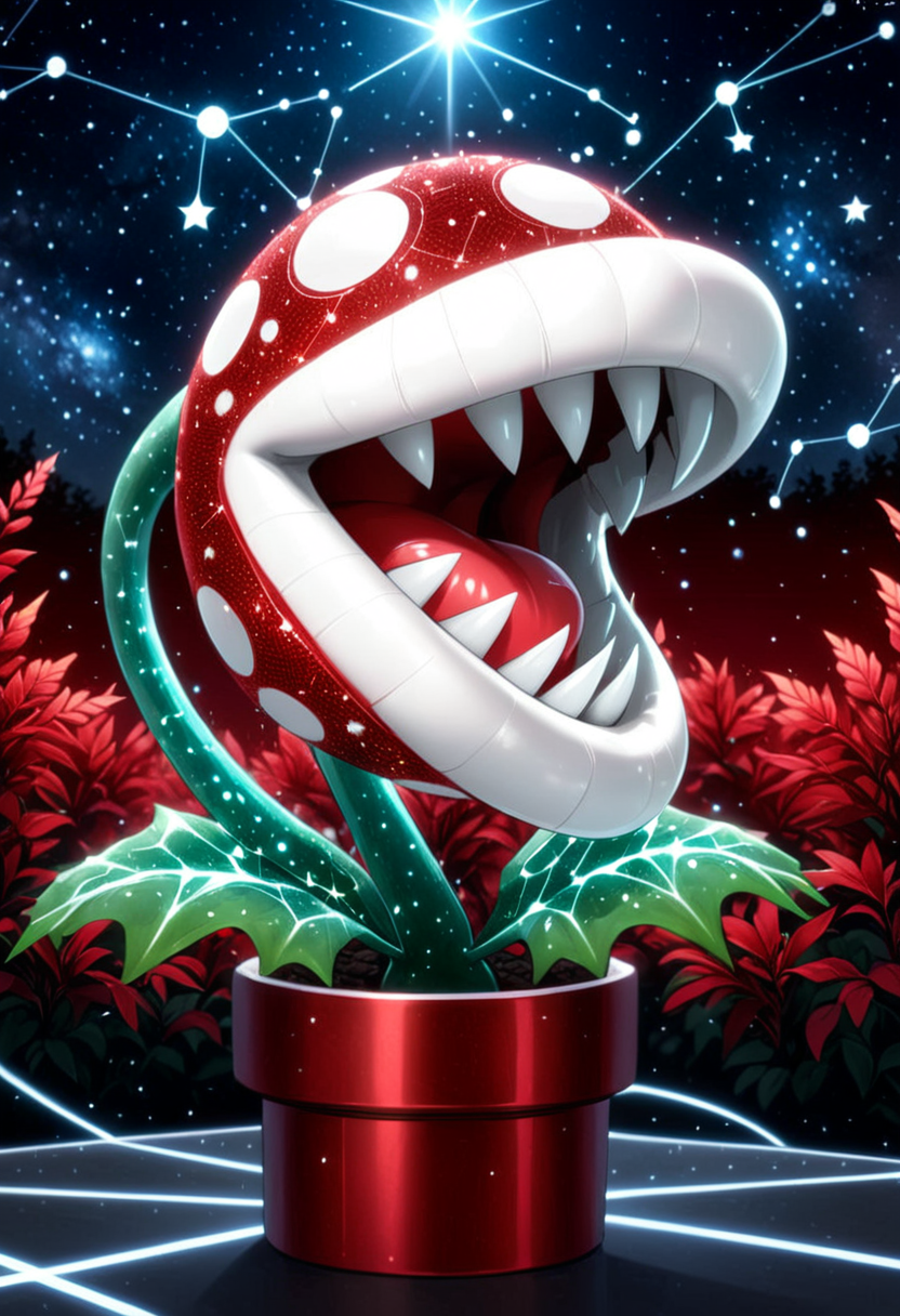 (anime, masterpiece, intricate), (best quality, hires textures, high detail:1), (4k),(incredibly detailed:1),UHD, 8K, ultra detailed , <lora:Starry_Morph:.8> <lora:PiranhaPlantXL:0.8> starry_morph  PiranhaPlantXL, white lips, Red Plant, star white Spots, Fangs, red theme, constellation,âââ