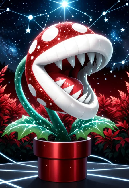 (anime, masterpiece, intricate), (best quality, hires textures, high detail:1), (4k),(incredibly detailed:1),UHD, 8K, ultra detailed , <lora:Starry_Morph:.8> <lora:PiranhaPlantXL:0.8> starry_morph  PiranhaPlantXL, white lips, Red Plant, star white Spots, Fangs, red theme, constellation,âââ