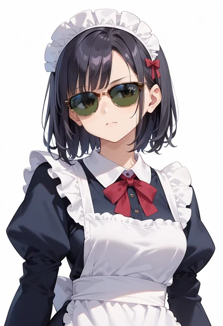 score_9, score_8_up, score_7_up, rating_safe, masterpiece, best quality, absurdres, unity 8k wallpaper, official art, official style, source_anime, uncensored, game cg, megami magazine,
1girl, solo, black hair, medium hair, upper body, covered eyes,maid, maid headdress, black dress, maid apron, face focus,
sirmont, sunglasses, white background, simple background, reflection, glasses, english text, brown-framed eyewear, yellow-framed eyewear, two-tone eyewear, darkgreen-tinted eyewear, covered eyes,
<lora:glasses_clubmaster_PONY_V1:1>