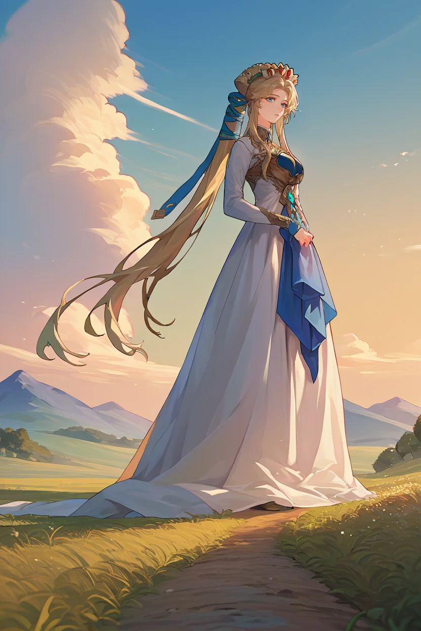 score_9, score_8_up, score_7_up, score_6_up, source_anime, 1girl, solo, <lora:fenyna-pdxl-nvwls-v1-000005:1> fenyna, blonde hair, hair ribbon, crown, white dress, long dress, long sleeves, large breasts, looking at you, field, blue sky, mountains, sunset, walking
