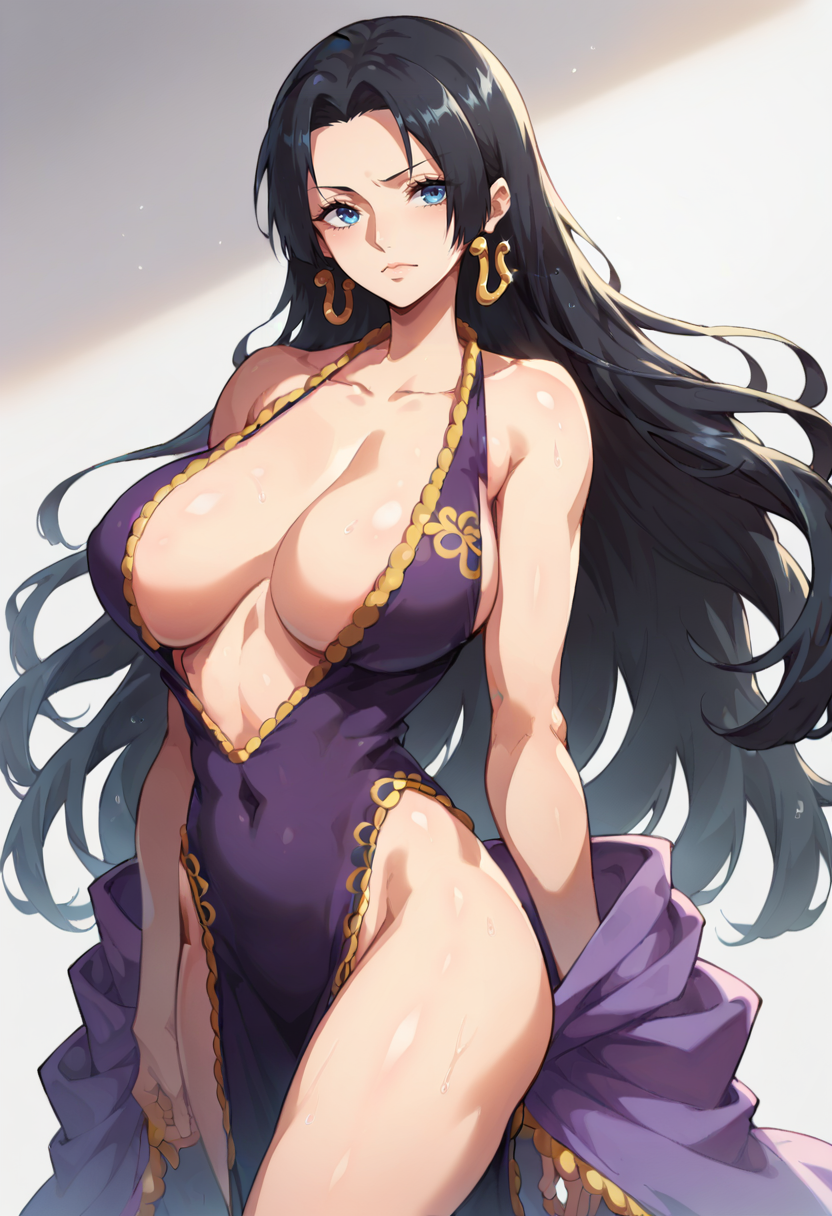 score_9, score_8_up, score_7_up, 1girl, solo,  boa hancock, one piece, blue eyes, parted bangs, very long hair, black hair, earrings, purple dress, collared dress, sleeveless dress, plunging neckline, gold trim, covered navel, standing<lora:hokkyoku hotaru-Style-PonyXL-000019:1>, cleavage,