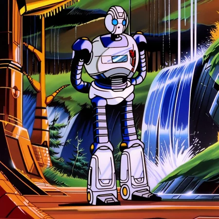 Roz(character), robot, female, Full body, arms behind back woods, waterfall, trees, in the forest, Solo, Transformers, animation, ,<lora:Transformers 86 FT:1>