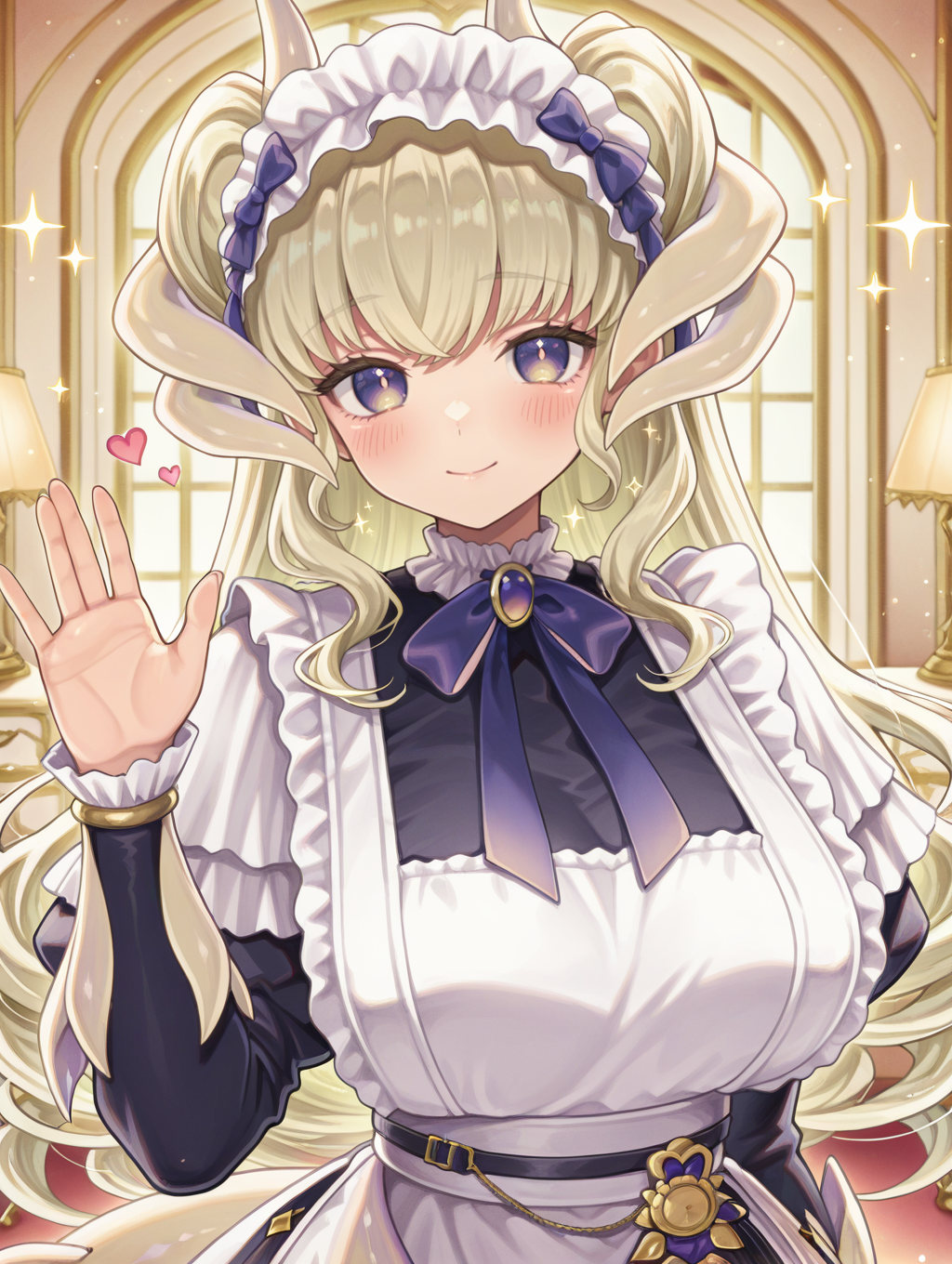dragonmaid latys, 1girl, solo, smile, looking at viewer, heart, sparkle, waving, blush, upper body, hand up, white apron, closed mouth, large breasts, blue maid dress, blue bow hairband, dragon girl,sparkle,dressing room,
masterpiece,best quality,amazing quality,very aesthetic,absurdres,newest,<lora:Dragonmaid latys illuXL v1:0.77>,