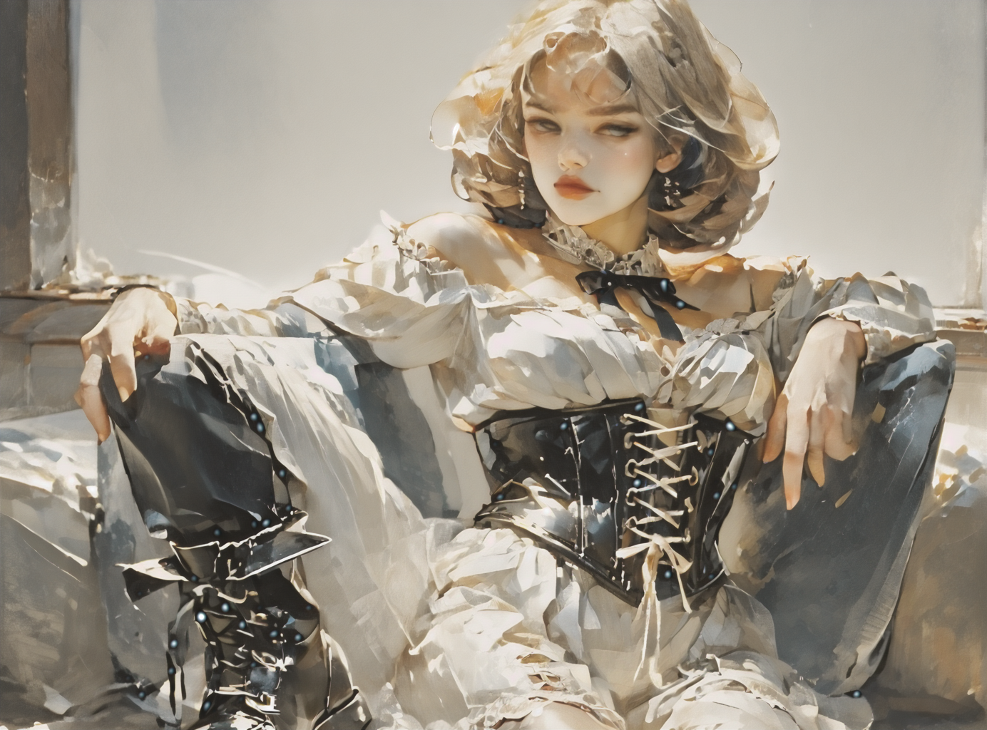 score_9, score_8_up, score_7_up, Environmental scene, character off to side, sitting in repose enjoying the view, 1girl, pale skin, medium breasts, <lora:sm0k3XLP:1>, <lora:goth_clothes:1>, lace-up cords, corset, black combat boots, Shoulder length hair, unnatural haircolor, <lora:wtgn:1>, <lora:Niji_mix_style_v2:1>,