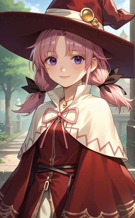 score_9, score_8_up, score_7_up, source_anime, rating_safe, intricate details, official style, 1girl, solo, <lora:Melody_RF1:1>, melody, pink hair, hair ribbons, purple eyes, witch hat, necklace, red clothes, capelet, looking at viewer, smile, outdoor, cowboy shot