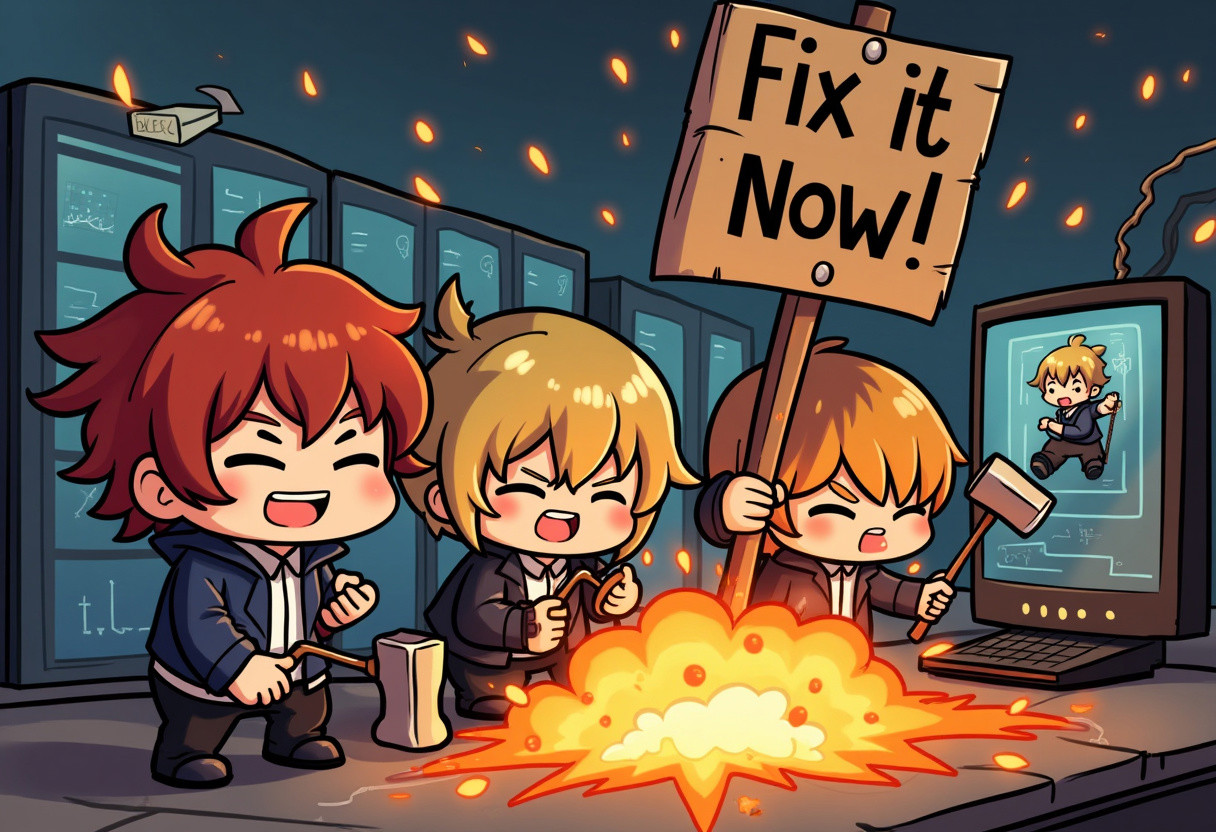 3 cute male chibis in the foreground are hitting servers with hammers trying to fix a problem they caused, it is not going well, servers are exploding. A cute moe female chibi in the background angry holding a makeshift sign above there head “fix it now!”