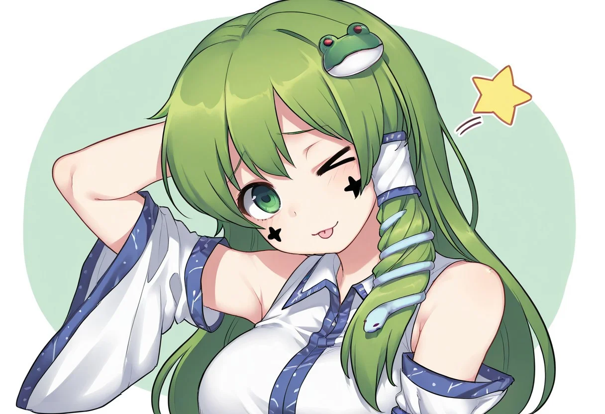 best quality, hires, upper body,
1girl, solo, kochiya sanae, raised inner eyebrows,
arm behind head, :p, one eye closed,
wink star, > o,
head tilt,
cross facepaint, cross,
looking at viewer,
