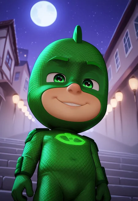 (score_9, score_8_up, score_7_up), highly detailed, cute boy, masterpiece, best quality, high quality, detailed, round face, round eyes, round pupils, shining eyes, petite, flat chested, aged down, cute, kawaii, short, 1boy, solo, Gekko Costume, Green Bodysuit, Green Eyes, Mask, Tail, at night, strong, full moon, dynamic pose,  side view, dutch angle, smug smile, narrowed eyes, low angle view, perfect detail, perfect eyes, perfect face, perfect mouth, night time, moonlighting, empty streets, outdoors, street, city background, textured costume, bold lines, volumetric lighting, moon in background, ((blurred detailed background)), natural lighting, (ray tracing, good shadows), young