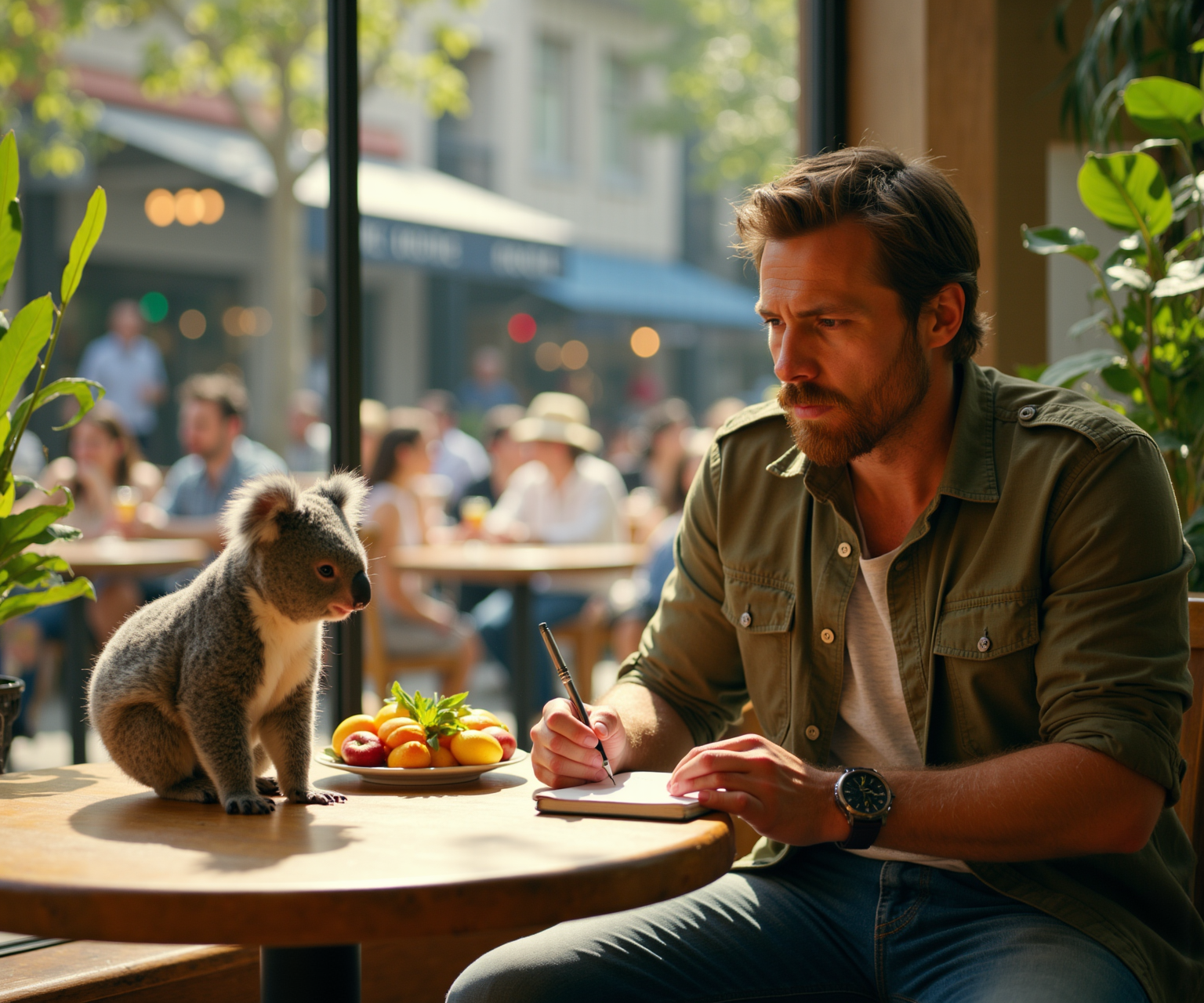In a bustling urban café on a sunny afternoon, a koala character, appearing cute and fluffy with grey fur and distinctive fluffy ears, is perched comfortably on a rustic wooden table surrounded by vibrant greenery. The koala, with soft, playful eyes, looks curiously at a nearby plate of colorful fruit. The café features sleek glass and steel architecture contrasting with vintage wooden furniture, while bright sun rays filter through the leaves, casting dappled light on the scene. Nearby, a rugged man in his mid-30s with tousled brown hair and intense green eyes sits across from the koala, wearing a faded olive green military-style jacket over a simple tee, with a worn leather wristwatch. His expression shows intrigue as he takes notes in a weathered journal, unaware of the camera, fully immersed in the moment. The café has people chatting, clinking mugs, and enjoying the warm atmosphere, adding to the lively urban feel. The composition balances the characters using the rule of thirds; the koala takes up a third of the frame while the man occupies another third, creating a dynamic interaction. A group of pedestrians laughing and enjoying their coffee forms a blurred background, adding depth to the scene. Sunlight illuminates the characters brightly, enhancing their features while creating soft shadows around them, giving the image a warm, inviting tone reminiscent of summer days. The color palette is vibrant, featuring the green of the foliage, the earthy tones of the café furniture, and the colorful fruits, with a soft golden hue from the sunlight. This candid moment captures the serene yet lively energy of urban life, portraying a whimsical encounter between man and nature, with an underlying story of curiosity and connection.