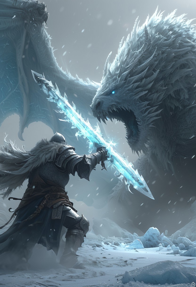 A fantasy battle scene with a flame-wielding mage and the Frost King of the Forgotten Tundra. The Frost King is a towering ice-armored warlord with a blade that freezes the air. The mage is trying to melt the icy defenses with fire spells. The background is a frozen battlefield with a raging snowstorm. The tundra itself is fighting against the hero's advance. <lora:CyberRealistic_Negative-neg:1>  <lora:detailed_notrigger:1>  <lora:XL_boss_battle:1>