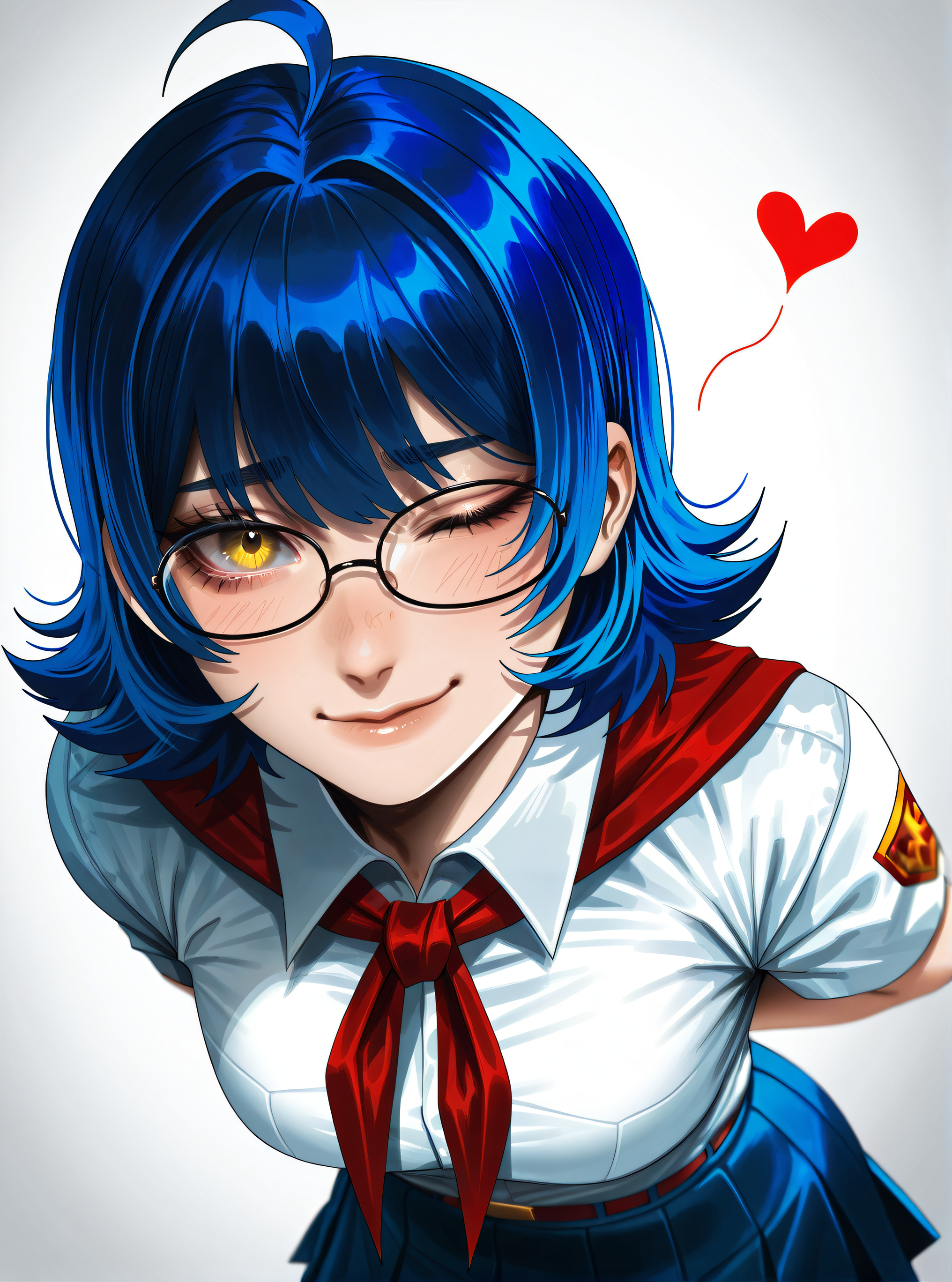 by j.k:0.6, by hoshi san 3:0.1,artist:Sakimichan:0.5, 1girl, solo, zhenya_es, blue hair, short hair, ahoge, glasses, yellow eyes, white collared shirt, red neckerchief, blue skirt, view, leaning forward, high angle, ((one eye closed, white background)), wink, hands behind back, looking at viewer, upper body, mouth closed, floating heart, squinting, (masterpiece),depth of field, (best quality), (ultra-detailed), amazing quality, very aesthetic, illustration, dynamic compostion, from above, dutch angle, perfect composition, absolutely eye cathing,  intricate details, absurdres, incredibly absurdres,   <lora:Zhenya_ES_IL_v1:0.7>