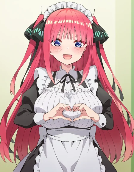 score_9, score_8_up, score_7_up, source_anime, <lora:nnakano-s2-ponyxl-lora-nochekaiser:1>, long hair, bangs, blue eyes, hair ornament, hair ribbon, pink hair, blunt bangs, two side up, butterfly hair ornament, large breasts,, <lora:moe-moe-kyun-ponyxl-lora-nochekaiser:1> heart-shaped boob challenge, moe moe kyun! heart hands, enmaided, maid, maid headdress, apron, maid apron, ,, open mouth, blush, embarrassed, clsoed eyes, smile,, cowboy shot
