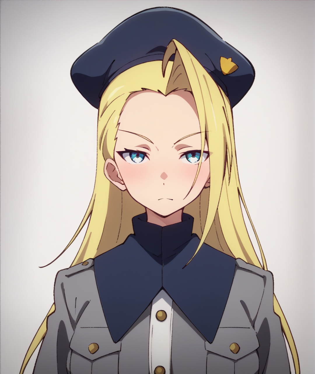 score_9, score_8_up, score_7_up, score_6_up, score_5_up, score_4_up, BREAK source_anime,
<lora:Pisara_PONY:1>,pisara, 1girl, solo, blonde hair, long hair, blue eyes,ahoge, military uniform, hat,