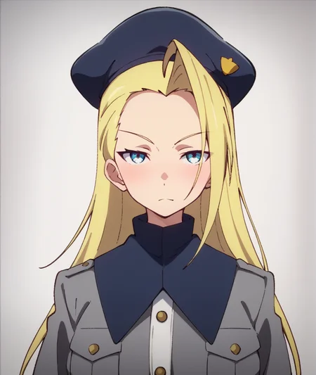 score_9, score_8_up, score_7_up, score_6_up, score_5_up, score_4_up, BREAK source_anime,
<lora:Pisara_PONY:1>,pisara, 1girl, solo, blonde hair, long hair, blue eyes,ahoge, military uniform, hat,