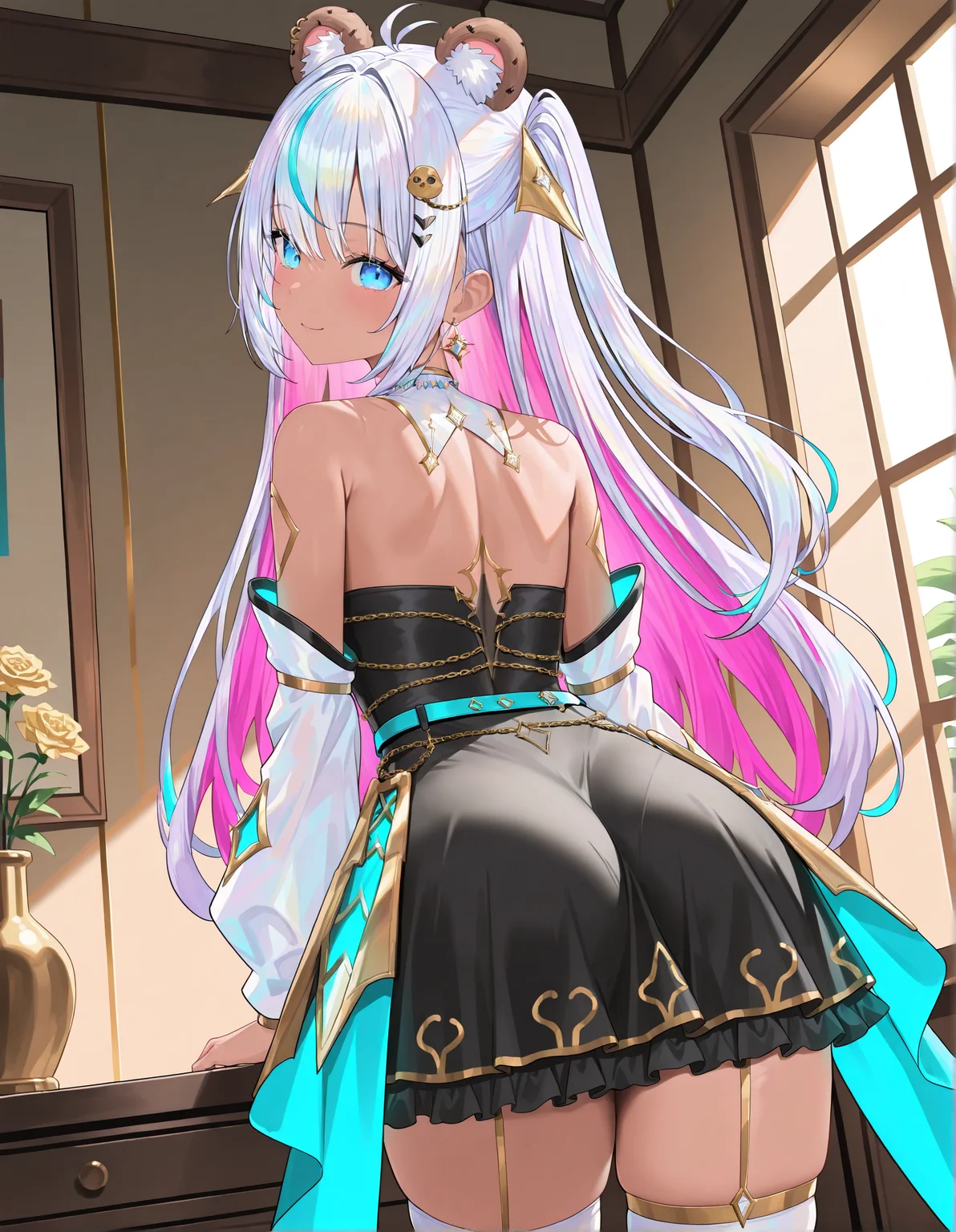 masterpiece, perfect quality, best quality, absolutely eye-catching, absurdres, highres, newest, indoors, <lora:cookieswirlcillustriousXL:1>, 1girl, cookieswirlc, skirt, cowboy shot, from behind, detached sleeves, smile,