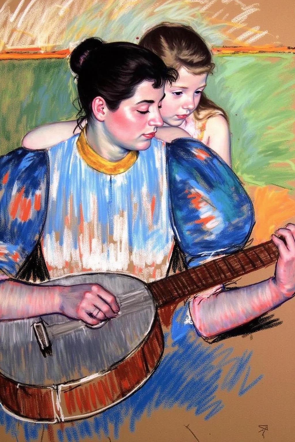 marycassatt2 drawing.
A woman is playing a guitar with her eyes closed. She is wearing a blue dress. A young girl behind her is leaning against the woman. The young girl is looking at the guitar being played. <lora:marycassatt2_cap_d6a3:1.0><lora:840642043479927624:0>