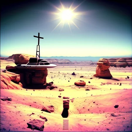 astronaut, sitting cross-legged, alien world, desert, no plants, no animals, lunar lander in the distance, sun rising over horizon, dawn, contemplation,  sand, rocks, cliffs, desolation, arid wasteland, isolated, isolation, score_9,score_8,score_7,score_8_up,score_7_up,score_6_up,