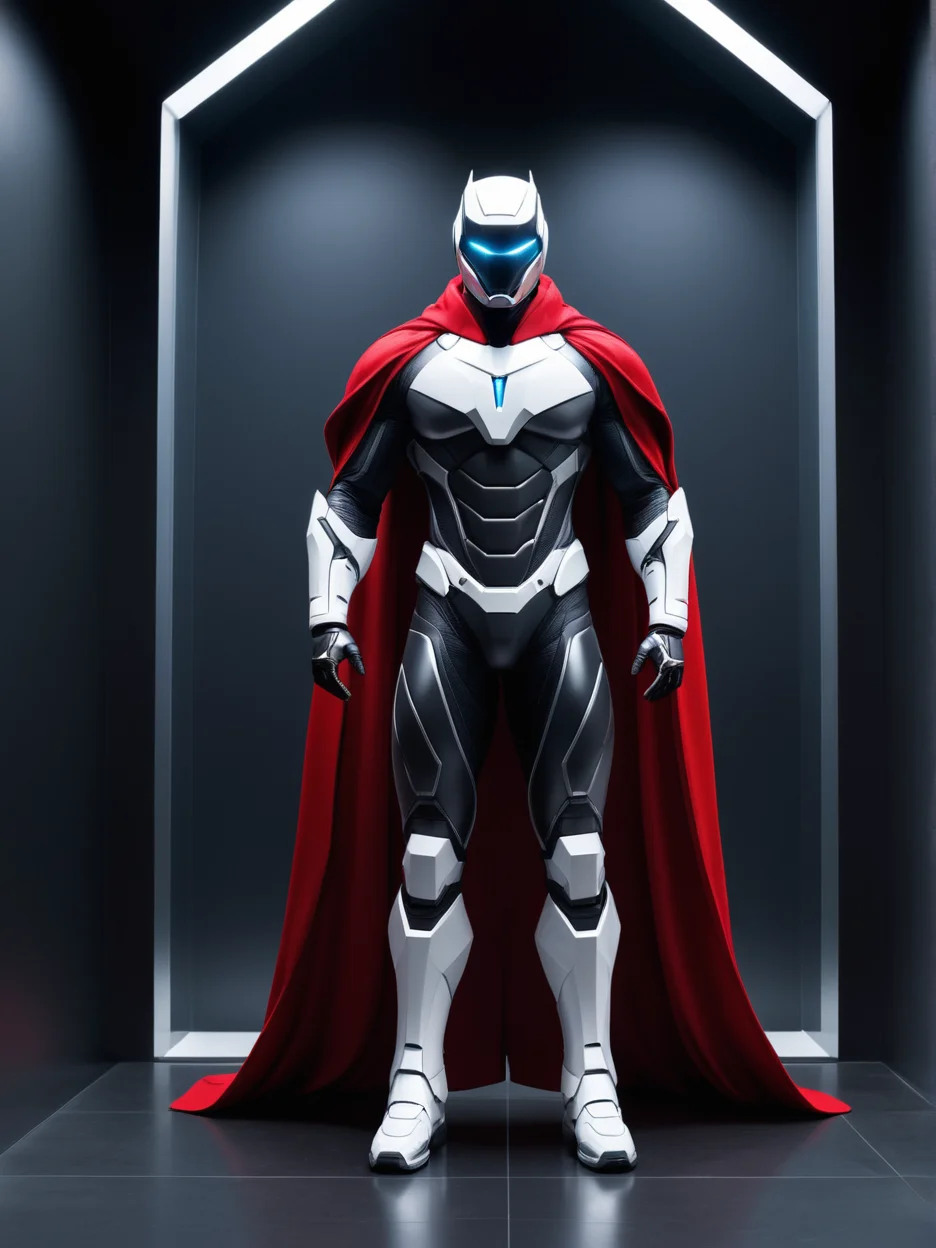 An ultrarealistic photograph of an enormous minimalist futuristic full-body power suit, without lights, made of white metal and polymer, full crystal hull, for a muscular man, imposing, modern minimalism, elegant, dystopia, mysterious, godlike, scary, in a dark room, with a red cape, 8k