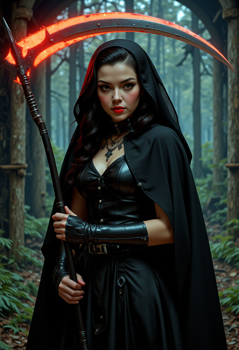 She is approximately 18 years old, full body view, dynamic angles, multiple angles, photoshoot poses; a photo of Angelic@, with dark hair, retro50s_style, she is dressed as the grim reaper, holding a glowing scythe.  Movie Poster, Atmospheric, Ultra Detailed, Suffering, Kodachrome, elaborate, intricate,  atmosphere, illustrious quality, ambient background, deep rich colors, excellent composition ,making this image a masterpiece of photography and digital art. realistic. making this image a masterpiece of photography and digital art. Style: realistic hyper-detailed rendering, 32k UHD, expressive eyes, punk, graphic design, girl's face, pretty and cute, gleaming lips, telling a tale of adventure. Exuding confidence and serenity. The overall mood of the image is happy and relaxed,detailed skin texture,(blush:0.2),(goosebumps:0.3),subsurface scattering,whimsical,Detailed hand, Perfect hand. Perfection style.aidmafluxpro1.1