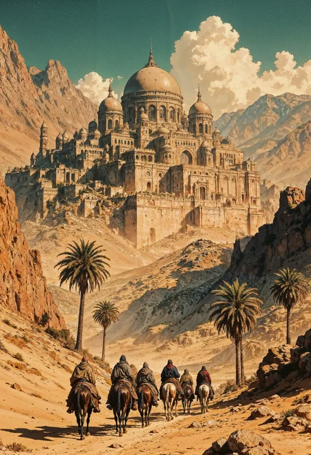 a grand, ancient desert city set against a mountainous backdrop. The city is built on a hill, featuring intricate architecture with domes and towers, all in warm earth tones. The foreground shows a desert landscape with palm trees and a group of people on horseback, dressed in traditional robes, moving towards the city. The sky is clear with a few scattered clouds, and the overall color palette includes sandy browns, deep blues, and muted greens, creating a sense of historical and cultural richness.