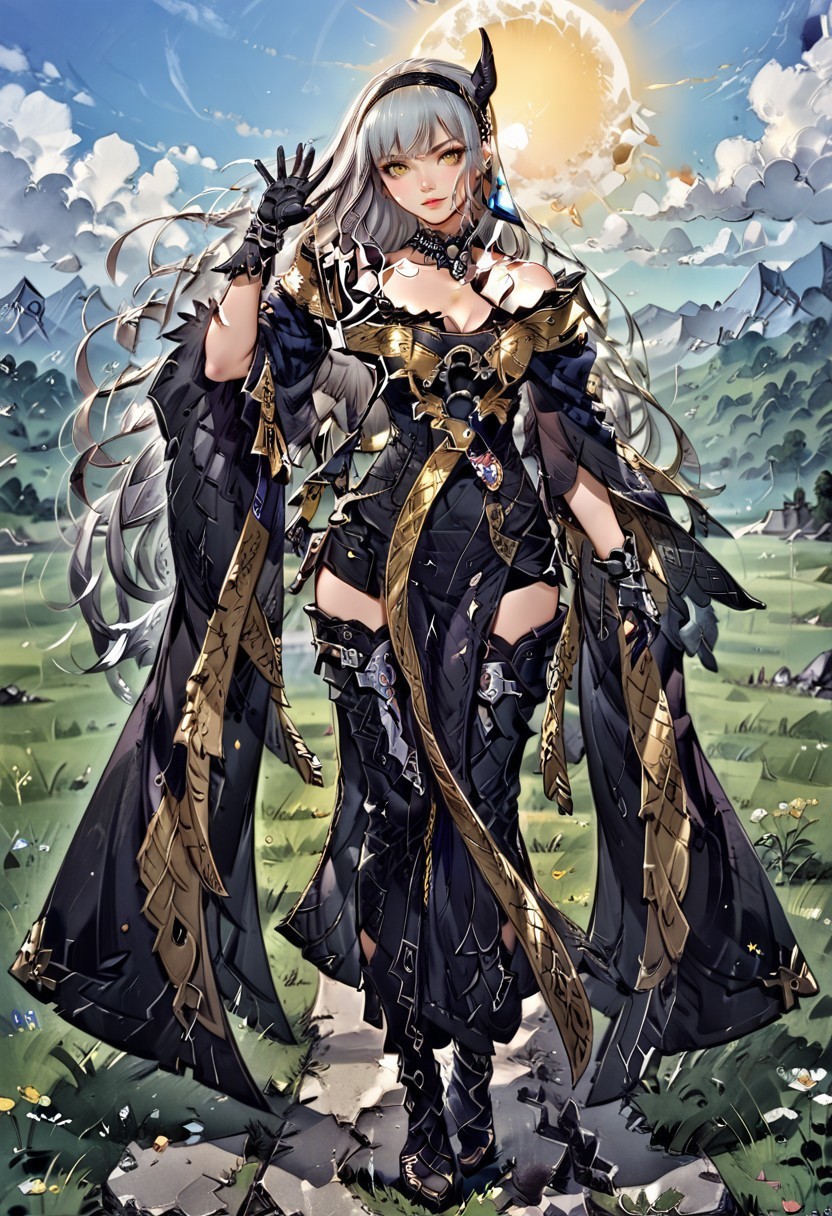safe_pos, 1girl, solo, long hair, dress, cleavage, hairband, gloves, yellow eyes, hair ornament, bangs, grey hair, boots, off-shoulder dress, bare shoulders, gauntlets, off shoulder, black gloves, rysol, pattern on clothes, thighhigh boots, greaves, dress ornament, choker, pelvic curtain, outside, sky, grass, sun, spread feet, waving