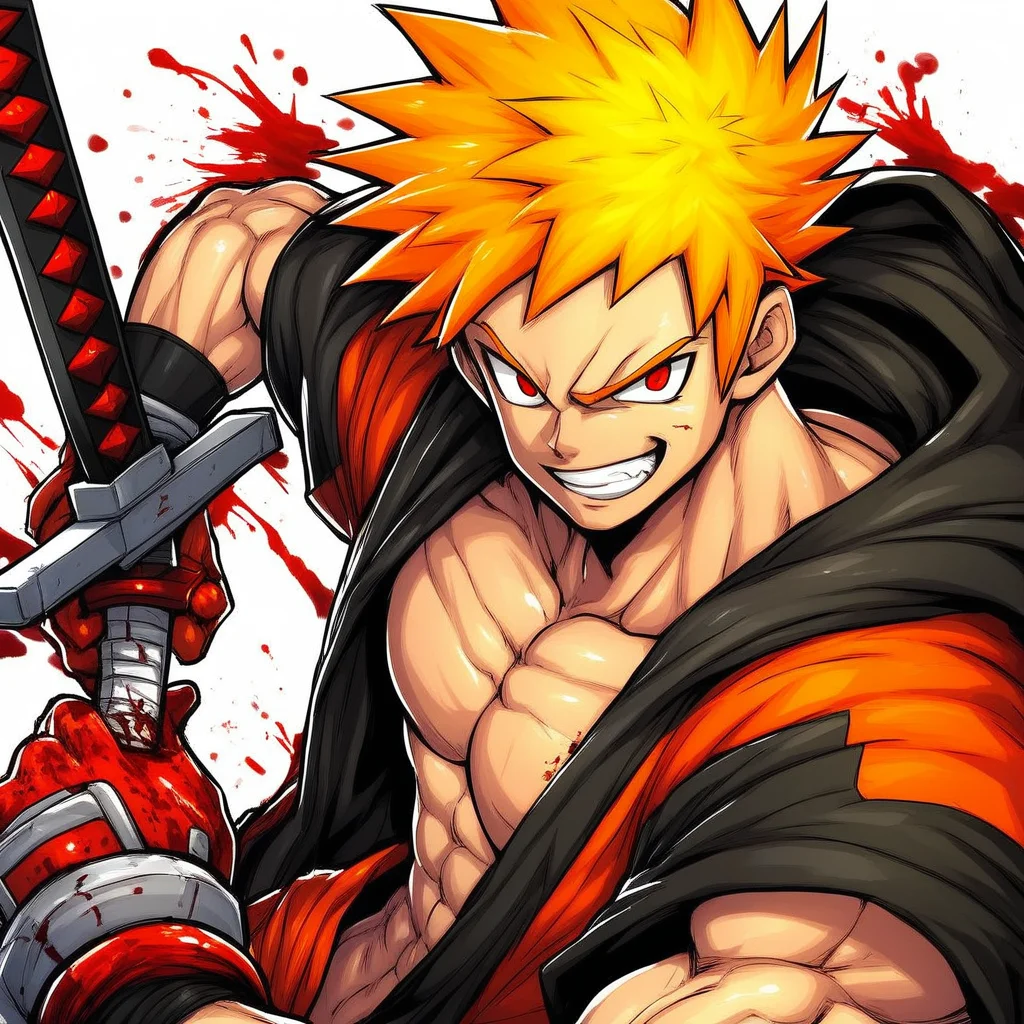 Izin save, thick outline, black outline, male focus, 1boy, solo, orange hair, weapon, teeth, upper body, sword, red eyes, spiked hair, japanese clothes, looking at viewer, holding, smile, holding weapon, short hair, blood, holding sword, , SOLO, 1BOY, thick outline, black outline, muscular male, super saiyan, pectorals, gloves, blonde hair, open clothes, hoodie