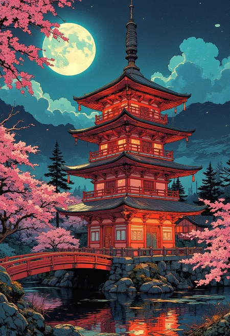 An intricately detailed scene of a traditional Japanese pagoda illuminated by warm red and golden light, surrounded by cherry blossoms and lush green trees. The night sky is dominated by a glowing full moon, casting a soft mystical light. A red arched bridge crosses a still pond, reflecting the structure and the moonlight. The atmosphere is serene, blending realism with a fantasy-like dreamscape