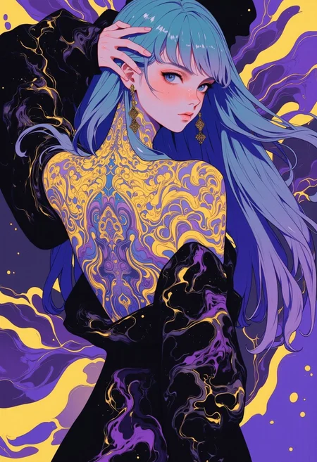 anime style, lunnar attraction, skies are purple yellow and black smeared, character, hands in hair, back of the character, head turned to the viewer, dynamic pose, face covered with hair, extremely long and straight hair, add noise, dark and, fog around, atmospheric, ornate and intricate shoulder mosaic, cyan hair, tattoo on the back of the neck, close up, tilt the body, slim built,
