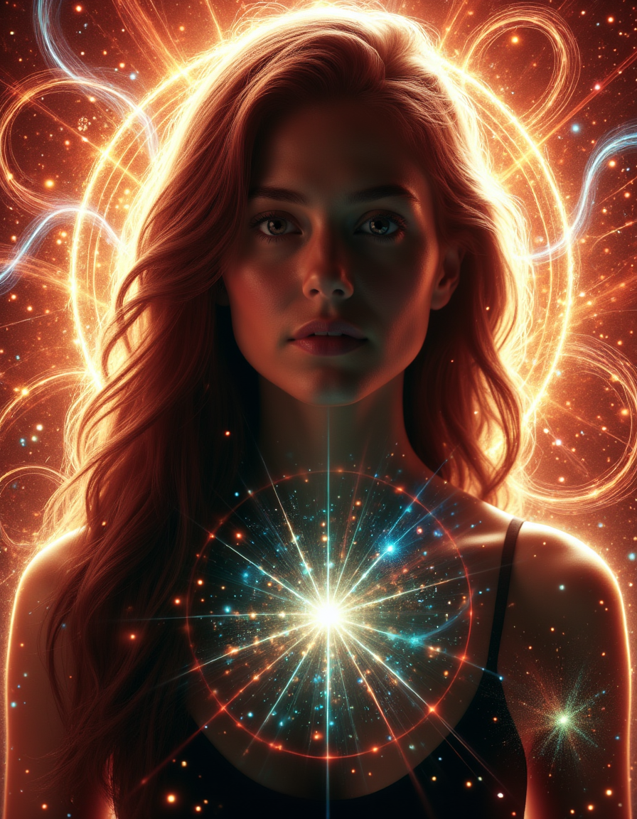 <lora:aura_v2_beta2:1>,auralora,the image features a woman with long hair. She has a determined expression on her face and is surrounded by a halo of bright light with intricate,colorful glow.,
