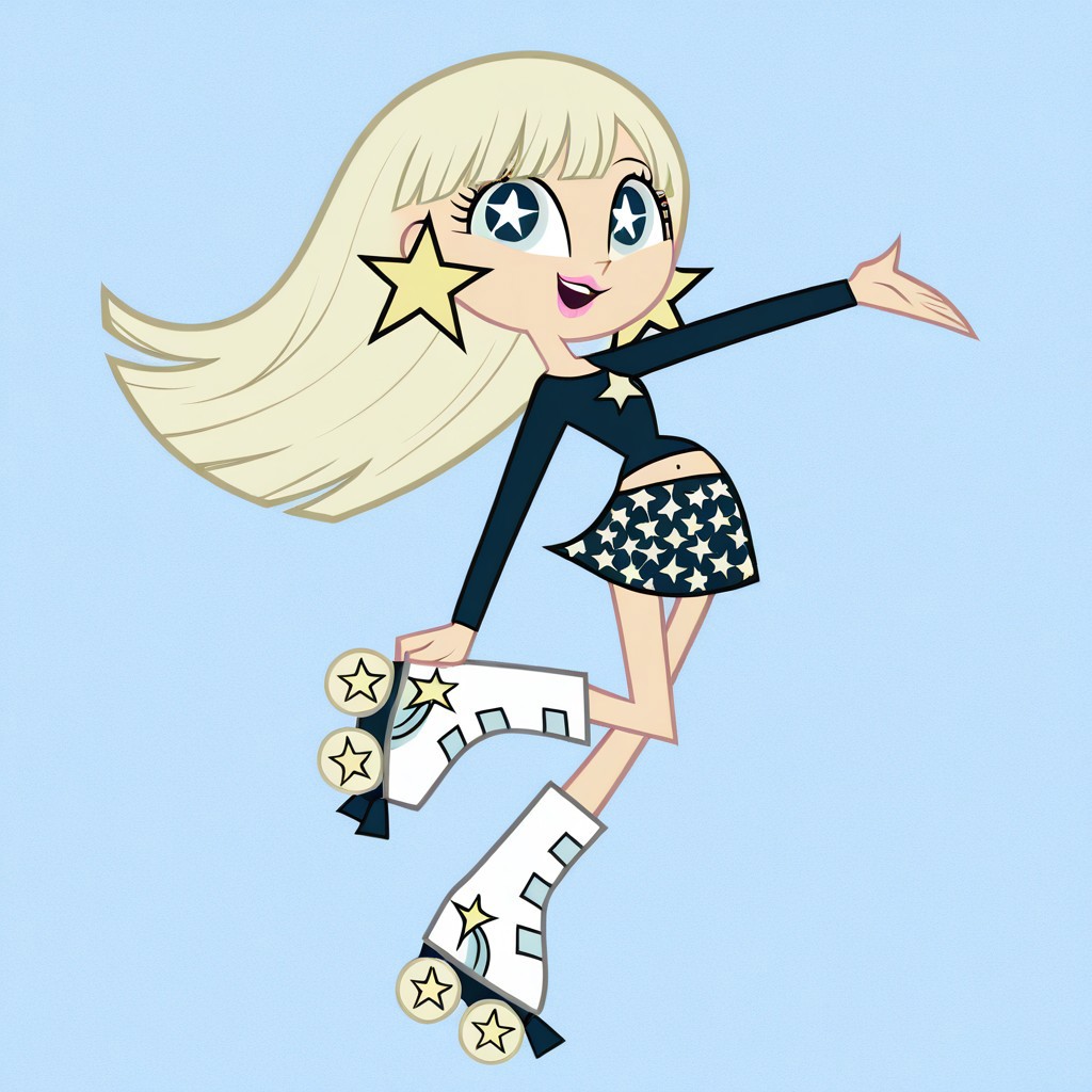 masterpiece, perfect cute face, on model, accurate art style, cartoon screencap, show accurate, milkywaymwatgg, 1girl, solo, blonde hair, long hair, light blue eyes, pink lipstick, star earrings, dark blue crop top, long sleeves, dark blue skirt, white roller skates, full body, looking at viewer, leg up, arms outstretched, smile, open mouth