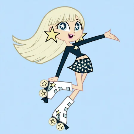 masterpiece, perfect cute face, on model, accurate art style, cartoon screencap, show accurate, milkywaymwatgg, 1girl, solo, blonde hair, long hair, light blue eyes, pink lipstick, star earrings, dark blue crop top, long sleeves, dark blue skirt, white roller skates, full body, looking at viewer, leg up, arms outstretched, smile, open mouth