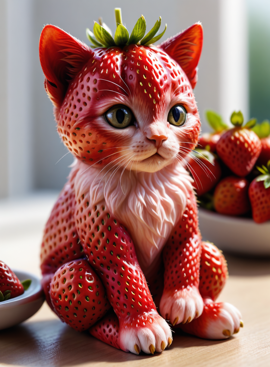 detailed realistic close up of a strawberry shaped like a kitten, sitting, natural light