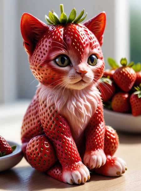 detailed realistic close up of a strawberry shaped like a kitten, sitting, natural light