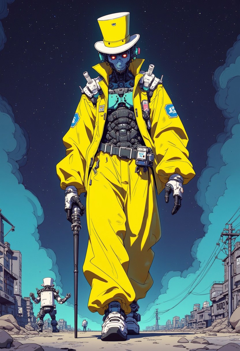 anime, cyberpunk, Detailed, vibrant, bokeh, Skinny man in a top hat his stylish futuristic bright yellow costume is way oversized for him long sleeves hanging to the ground, cane in hand, oversized yellow pants dragging on the floor, sad ceramic mask, smooth ceramic mask, black eye sockets, he is walking crooked spine, there is a small toaster robot by his side, turn head to the viewer, the background is a dim dark portal to a cosmic horror world, inside of the portal you can see the stars and dark cosmic void,