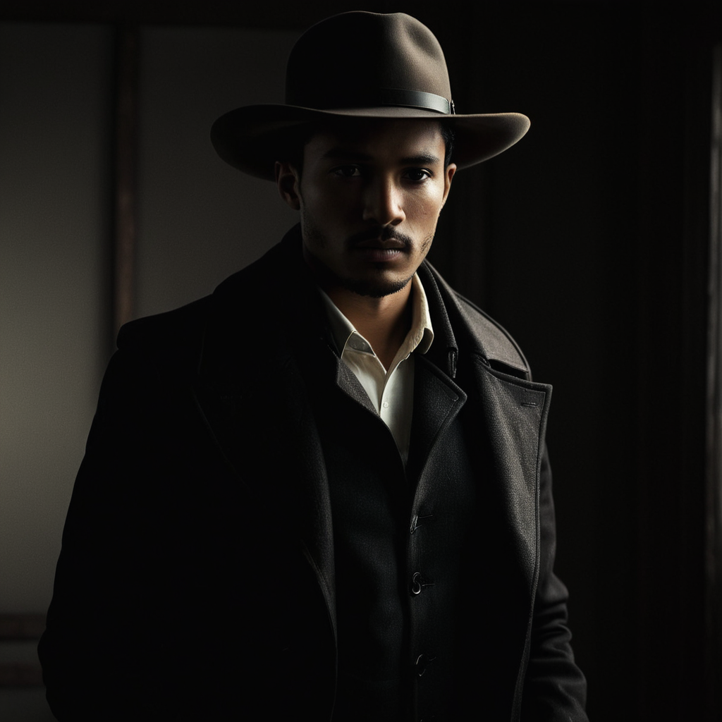 cinematic film still of  <lora:Low-key lighting Style:1>
dim light, low light, dramatic light, partially covered in shadow, a man in a hat and coat holding a belt Low-key lighting Style,solo,shirt,black hair,1boy,hat,holding,jacket,white shirt,upper body,male focus,dark skin,scarf,black jacket,facial hair,dark-skinned male,cowboy hat, shallow depth of field, vignette, highly detailed, high budget, bokeh, cinemascope, moody, epic, gorgeous, film grain, grainy