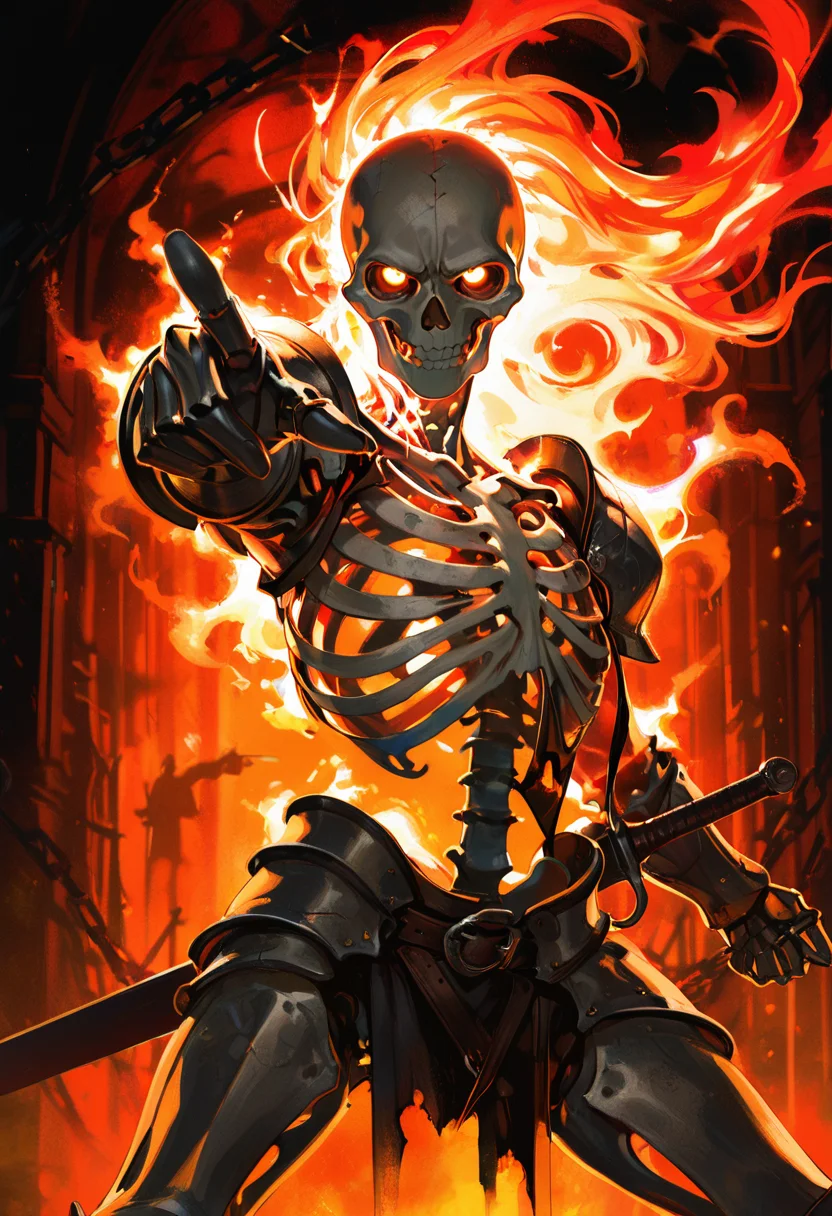 embedding:lazypos, skeleton knight, looking at viewer, dynamic pose, dutch pose, pointing at viewer, faint pulses, realistic anime style, neon colors, sharp outlines, rich details,anime style, warm glow, sharp outlines, rich details, dangerous atmosphere, sword behind back, glowing hair, muscular, abs <lora:TrendCraft_The_Peoples_Style_Detailer-v1.0A-3_13_2025-NoobVPRED:0.1>