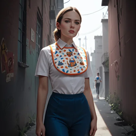 score_7_up, score_8_up, score_9, realistic, studio lighting, best quality, 1girl, stewardess, bib, dark alley,