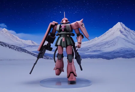 score_9, score_8_up, score_7_up, cowboy shot, side view, BREAK, ( white zaku, grey zaku, pink monoeye, one eye, looking to the side, holding rifle in both hands, ) 1mech, mech focus, walking, BREAK, snow, ice, ice mountains, dark blue violet sky, night time, starry sky, Realistic, Relaxed, Moonlit, beautiful detailed supreme quality color intricate, dynamic dramatic beautiful full taking, contemporary fine detail, highly detail, dynamic background, positive emotional, figure,, background curving upwards, snow getting kicked up,