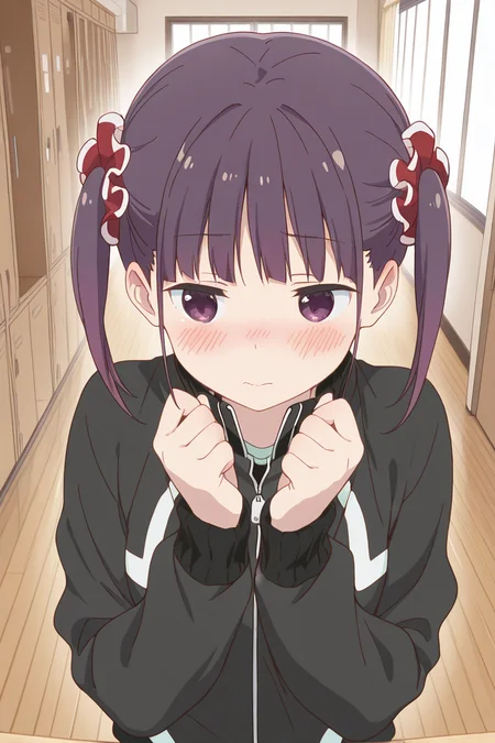 masterpiece, best quality, amazing quality,
<lora:Shizuku_IL:1> shizuku, 1girl, twintails, jacket, blush, track jacket, scrunchie, hair ornament, long sleeves, purple eyes, bangs, black jacket, hair scrunchie, purple hair, indoors