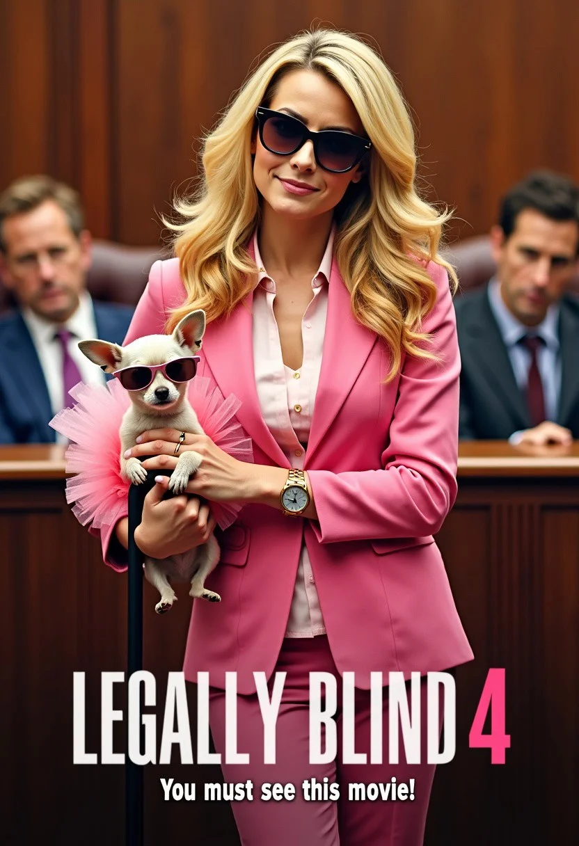 Poster for a movie with bold letters "LEGALLY BLIND 4". The subtitle at the bottom of the poster says "You must see this movie!". An attractive woman with long blond hair in a pink suit has sunglasses. She holds a Chihuahua in a pink tutu with sunglasses. She uses a walking cane. The scene takes place in a courtroom.