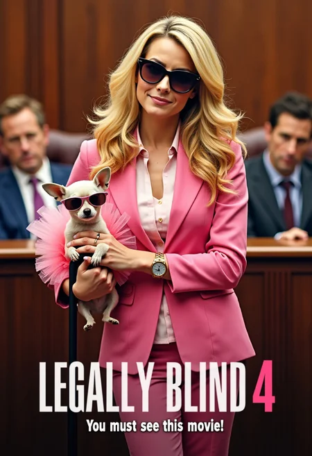 Poster for a movie with bold letters "LEGALLY BLIND 4". The subtitle at the bottom of the poster says "You must see this movie!". An attractive woman with long blond hair in a pink suit has sunglasses. She holds a Chihuahua in a pink tutu with sunglasses. She uses a walking cane. The scene takes place in a courtroom.