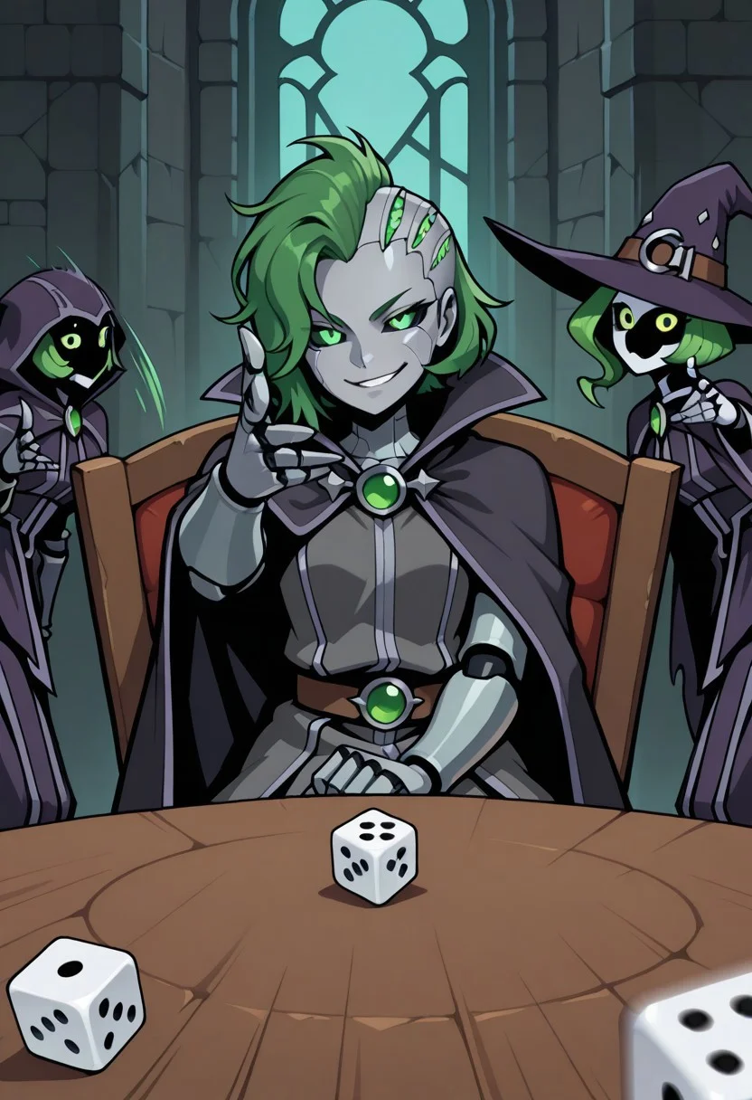 robot girl, android woman, gray metallic skin, green hair, hair covers on one side of the head, no hair on sides of the head, black sclera, green iris, asymmetrical hair, short hair, mohawk, flowing hair, sharp angles, covered ears, flat sides of the head, intricate details, ultra sharp, exquisite detail, flawless composition, vivid colors, masterpiece, semi realistic, cartoon, wizard cosplay, fantasy clothes, witch hat,
Sitting across table, game of dungeons a dragons, dungeon master, rulebook, table top game, looking at viewer, smirk, throwing dice, ss-3mthr0w-illu, arm forward, (throwing dice:1.2), looking at viewer, midair, motion blur,